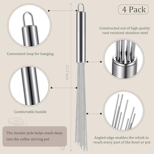 Baderke 4 Pcs Barista Whisk Tool 11.5 Inch Long Handle 10 Needles Stirrer