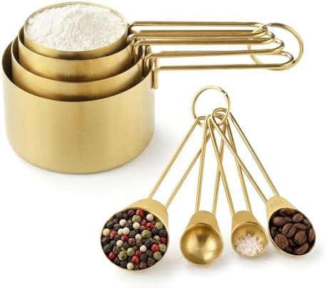 Measuring Cups and Spoons Set, 8-Piece Professional Stainless Steel Measuring Cups and Measuring Spoons Set with Luxurious Gold Finish, Heavy-Duty Metal Measuring Cups for Baking