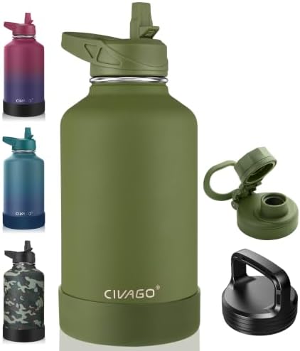 CIVAGO 64 oz Insulated Stainless Steel Water Bottle With Straw and 3 Lids