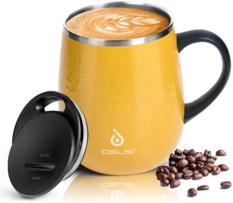 Ideus 16 oz Insulated Coffee Mug with Lid and Handle (Leopard Yellow 1.0)
