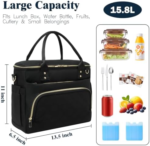 GYEUKHAM Insulated Lunch Bag for Women Men,Extra Large Lunch Box, Leakproof Reusable Cooler Tote for Adult, Everyday Soft Lunch Tote Bag for Work College Picnic Travel,Black