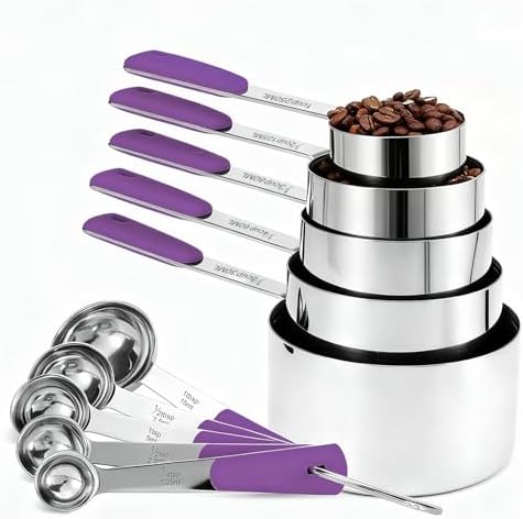 Bopei 10-Pcs Stainless Steel Measuring Cups & Spoons Set, Purple Handles