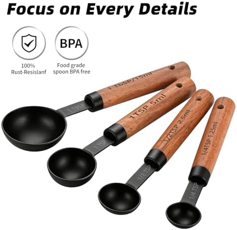 Wooden Handle Measuring Cups & Spoons Set 8-Piece – Stainless Steel, Stackable, Rustic Farmhouse Kitchen Gadgets, Non-Toxic, Dishwasher Safe, Gift for Bakers & New Homeowners