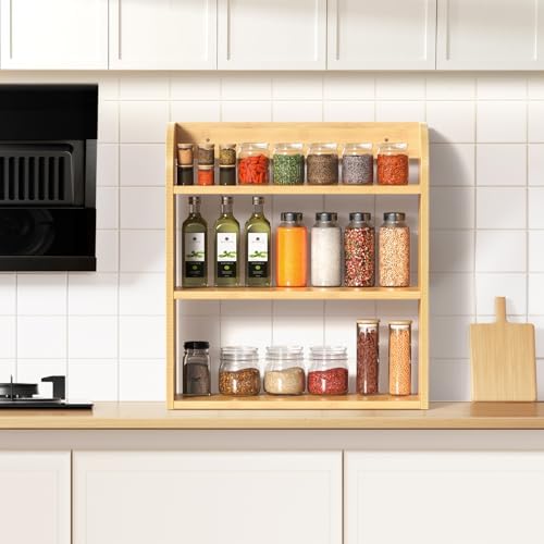 ROMGUAR CRAFT 3 Tier Bamboo Spice Rack Countertop or Wall Mounting, Natural