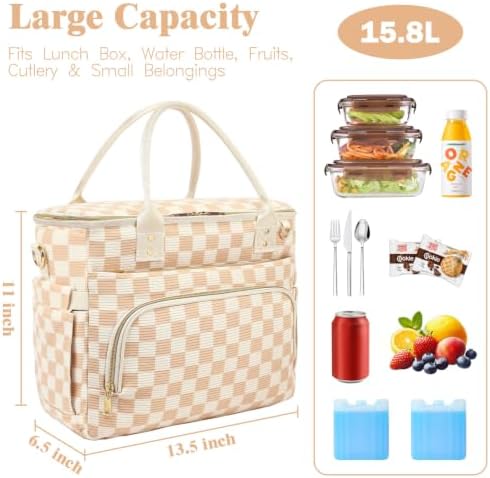 GYEUKHAM Insulated Lunch Bag for Women Men,Extra Large Lunch Box, Leakproof Reusable Cooler Tote for Adult, Everyday Soft Lunch Tote Bag for Work College Picnic Travel,C-Khaki Checkered