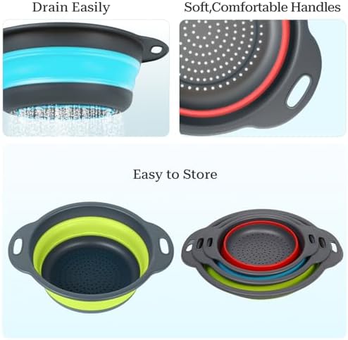 Collapsible Colander 3-Pack Set Space-Saving Foldable Kitchen Strainer with Non-Slip Base Durable Thickened PP+TPE Collapsible Strainers for Pasta, Vegetables, Fruits (Gray-Blue-Red-Green)