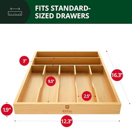 ROYAL CRAFT WOOD Luxury Bamboo Utensil Rack and Silverware Organizer, Kitchen Drawer Organizer - Utensil Holder and Cutlery Tray with Grooved Drawer Dividers for Flatware 7 Slot, Natural