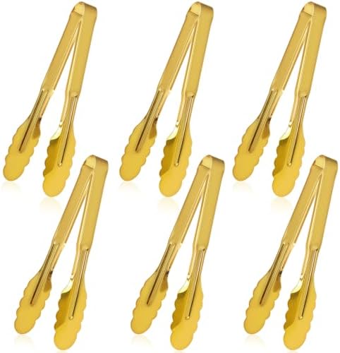 6 Pack Stainless Steel Serving Tongs, 9 Inch Gold Salad Tongs Serving Utensils Buffet Tongs Gold Plated Heavy Duty Reusable Metal Kitchen Clips for Salad, Snack, Barbecue, Catering, Wedding, Party
