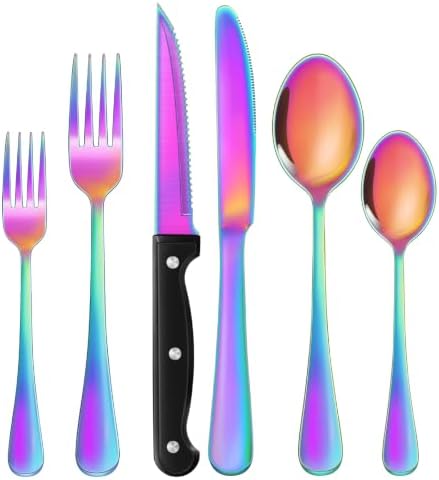 24-Piece Rainbow Silverware Set with Steak Knives Black Stainless Steel Flatware Set for 4 Food Grade Tableware Cutlery Set Rust-proof, Mirror Polished, Dishwasher Safe