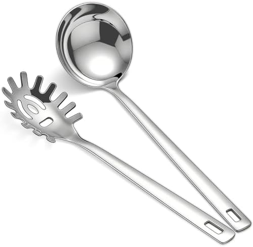 Berglander Kitchen Ladle Spoon and Spaghetti Spoon Set 2 pieces, Pasta Spoon Stainless Steel Kitchen Utensils for Cooking, Stirring, Serving Spaghetti, Soup, Sauce, Dishwasher Safe