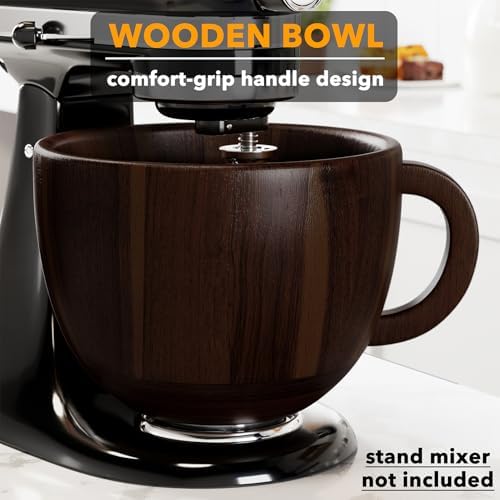 SpaceAid Wooden Bowl with Handle, Kitchen Space Aid Acacia Wood Mixing Bowls Holder for Stand Mixer, Compatible with 4.5 & 5 QT Tilt-Head Models Kitchen, Dark Wood