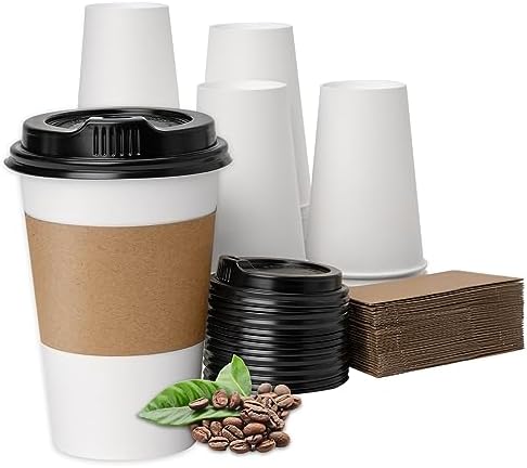 RACETOP 12 oz 100 Pack Disposable Paper Coffee Cups with Lids and Sleeves
