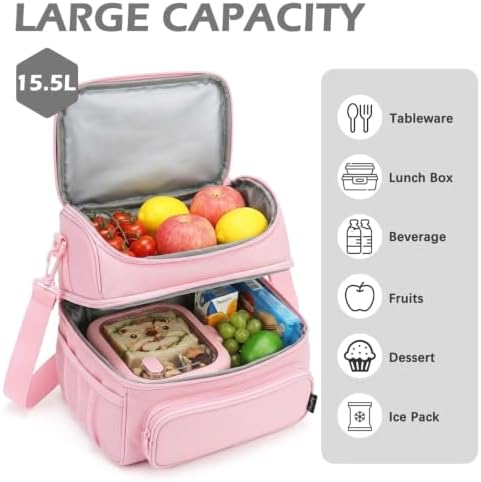 FlowFly Double Layer Cooler Insulated Lunch Bag Adult Lunch Box Large Tote Bag for Men, Women, With Adjustable Strap,Front Pocket and Dual Large Mesh Side Pockets