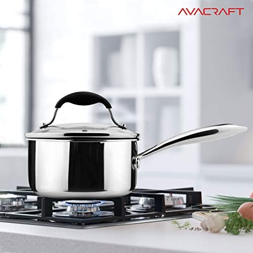 AVACRAFT Tri-Ply Stainless Steel Saucepan with Glass Strainer Lid, Two Side Spouts, Ergonomic Handle, Multipurpose Sauce Pan with Lid, Sauce Pot, Cooking Pot (Tri-Ply Full Body, 1.5 Quart)