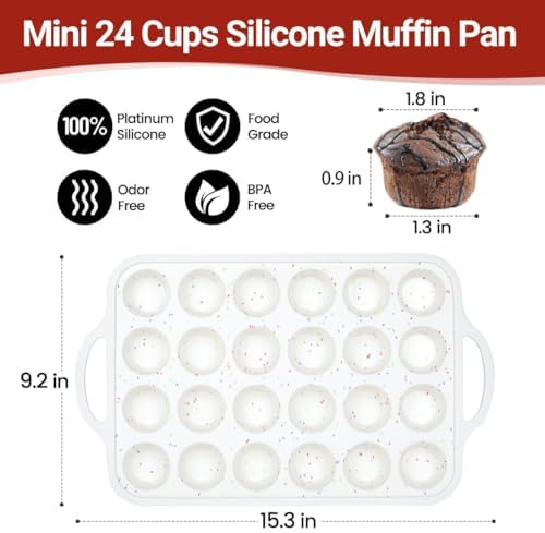FUNBAKY Silicone Mini Muffin Pan with Metal Frame - Nonstick 24 Cups Mini Muffin Tin Handles, Oven Safe for Muffin, Cupcake, Egg Bites, Confetti