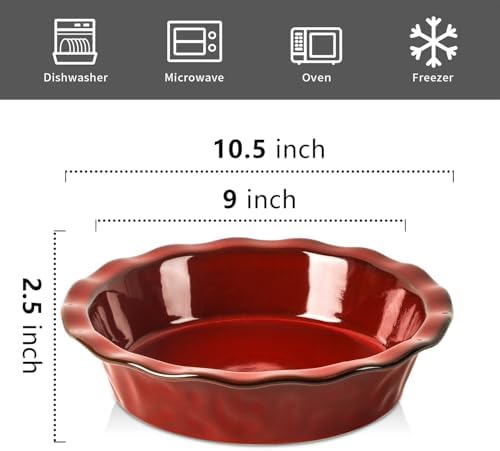 vicrays Ceramic Pie Pan for Baking - 9 inch Pie Plate, Round, Fluted and Deep Pie Dish for Tart, Pizza, Apple Pie, Quiche, Pot Pies, Cake - Reactive Glaze (Cherry Red)
