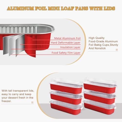 Mini Cake Pans with Lids and Spoons 200 Pack, Mini Loaf Pans with lids 6.8oz, Small Disposable Aluminum Foil Loaf Pans, Rectangular Baking Container for Party, Picnics and Housewarming (Red)