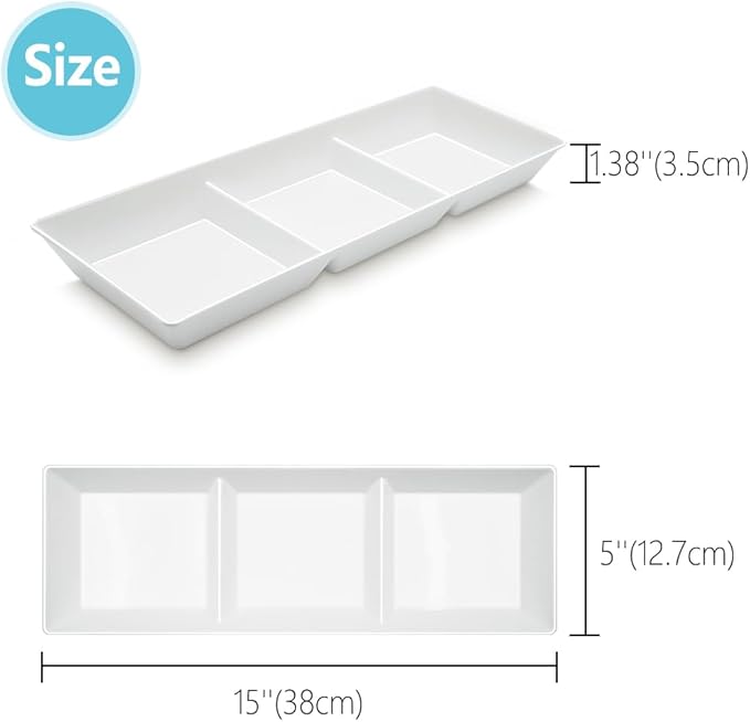 Divided Serving Tray Platter, 3 Pack 15" x 5" Fruit Veggie Food Tray for Party, Plastic Serving Trays for Appetizer, Snack, Dessert, Cookie, Brunch Decorations Platters, White Trays BPA-Free
