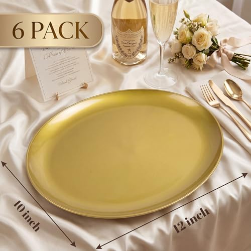 WDF 6PCS Gold Serving Platters - 10"x12" Gold Serving Trays - Heavy Duty Oval Plastic Platters for Parties/Birthday/Weddings/Catering/BBQ