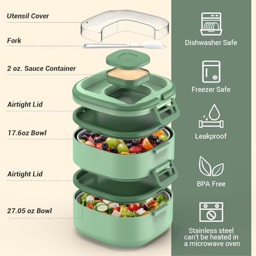 PEDECO Double-Layer Bento Lunch Box for Kids & Adults with Removable Stainless Steel Dividers,Dressing Container,BPA-Free,Dishwasher Safe - Includes Utensil,(Green,Non-Insulated)