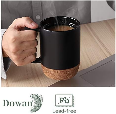DOWAN Coffee Mugs, 15 oz Mug Set of 2, Large Ceramic Coffee Mug with Cork Bottom and Spill Proof Lid for Mom Dad, Big Mug for Latte Tea, Matte Grey