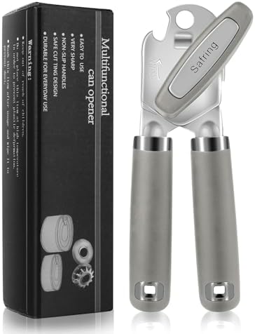 Safring Can Opener Manual, Heavy Duty Handheld Strong Can Opener with Soft Touch Handle, Sharp Blade Smooth Edge, Can Openers with Multifunctional Bottle Opener, Gray