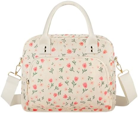 Lunch Bag Large Insulated Lunch Box for Women Men Adult Cute Pink Floral Lunchbox Corduroy Lunch Bags Boxes Pail with Shoulder Strap for Work Mom Picnic Office Travel 11.4×6.8×9.1 inches 11.5L Beige