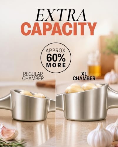 Zulay Kitchen Large Premium Garlic Press Set - Bigger Bowl for Bigger Garlic - Rust Proof Garlic Mincer Tool - Easy-Squeeze, Easy-Clean Silicone Garlic Peeler & Brush (Silver)