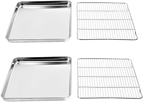 Wildone Baking Sheet & Rack Set [2 Sheets + 2 Racks], Stainless Steel Cookie Pan with Cooling Rack, Size 16 x 12 x 1 Inch, Non Toxic & Heavy Duty & Easy Clean (Pack of 2)