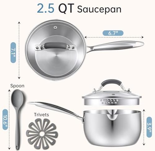 Tri-Ply Stainless Steel Sauce Pan, 2.5 Qt Saucepan with Strainer Lid