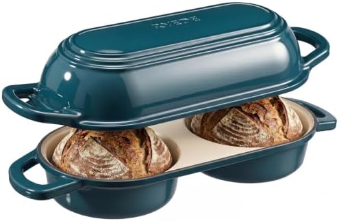 Double Dutch Oven for Bread Baking,Mini Cast Iron Sourdough Loaf Pan(Teal)
