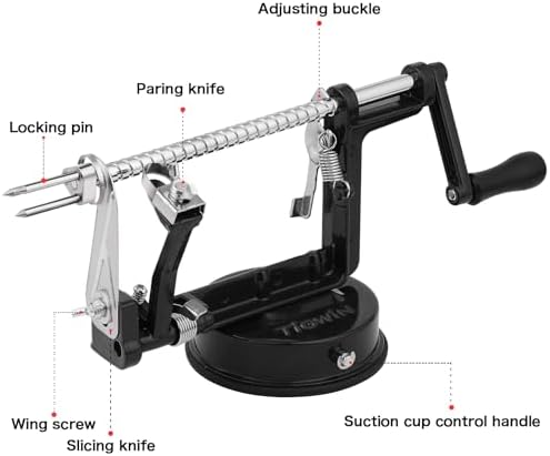 Apple Peeler Corer, Long lasting Chrome Cast Magnesium Alloy Apple Peeler Slicer Corer with Stainless Steel Blades and Powerful Suction Base for Apples and Potato(Black)