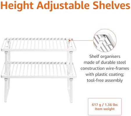 Amazon Basics Space-Saving Stackable Metal Kitchen Cabinet Organizer Shelves for Dishes, Pantry Organization, 12.5" L x 8" D x 4.5" H, Set of 2, White