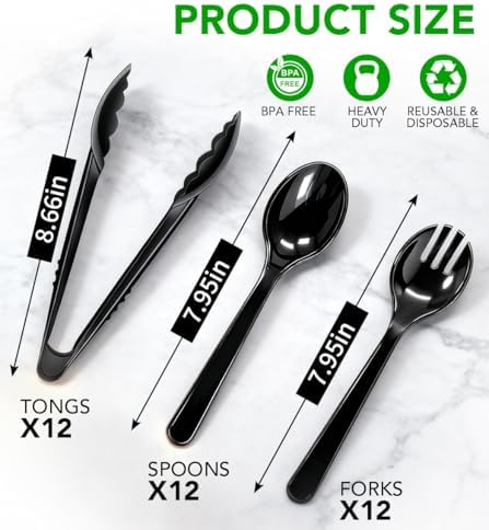 36 PCS Plastic Serving Utensils, Disposable Serving Spoons Forks Tongs for Buffet Serving Utensils Set for Parties Black Serving Utensils for Restaurant Dinner Salad Noodles Soup