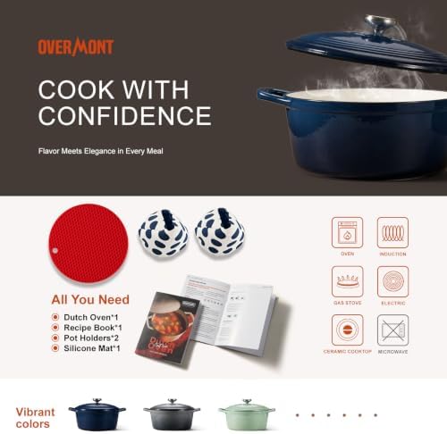 Overmont Enameled Cast Iron Dutch Oven - 5.5QT Pot with Lid Cookbook & Cotton Potholders - Heavy-Duty Cookware for Braising, Stews, Roasting, Bread Baking Midnight Sapphire