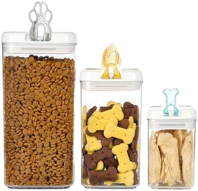 Felli Flip Tite Pet Food Container with Airtight Lids, BPA FREE Acrylic Canister with Paw Bone Fish Flip Top Handles for Cat Dog Kibble Treats Storage, Keep Fresh (Pet Collection Nest-L3pk)