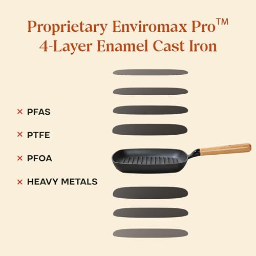 CUMIN CO. Enameled Cast Iron Grill Pan 10 Inch, 1.2 QT Grill Skillet – Non Toxic PFAS Free Cookware – Indoor Grill Pan for Steak, Chicken, Burgers & Vegetables – Induction & Oven Safe (White)