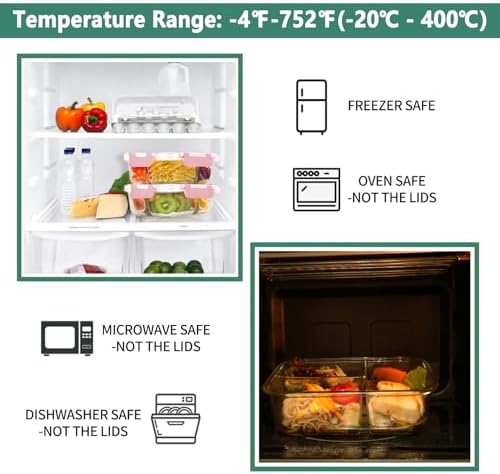 8 Pack 3 Compartment 36oz Large Glass Meal Prep Containers with Lids