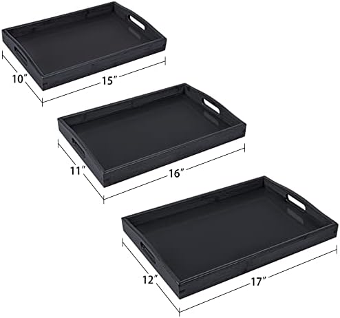3 Pack Bamboo Serving Trays with Handles, Wooden Food Trays (Black