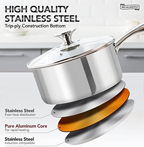 MICHELANGELO 4 Quart Saucepan with Lid, Thick Bottom Stainless Steel Saucepan with Cover, 4 QT Sauce Pot, Induction Ready & Dishwasher Safe