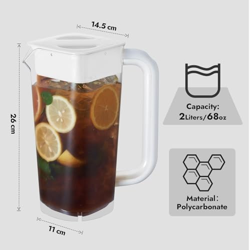 CURTA 1 Pack 2 Liters/68 oz Plastic Pitcher with Lid & Handle for Kitchen,ICED JUICE and Coffee Carafe Beverage Serveware, Acrylic Water Jug for Hot/Cold Drinks&lemonade