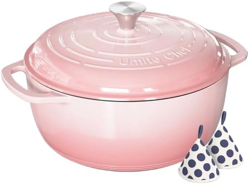 Umite Chef 6QT Enameled Cast Iron Dutch Oven with Lid, Versatile Heavy-Duty Cookware Pot for Baking Bread, Braising, Soups & Stews, Oven & Stovetop Safe with Heat Resistant Gloves(Pink)