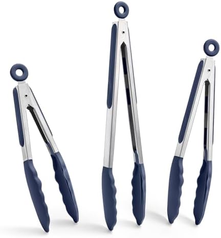 Doosu Kitchen Tongs with Silicone Tips for Cooking Serving (3Pcs, Navy)