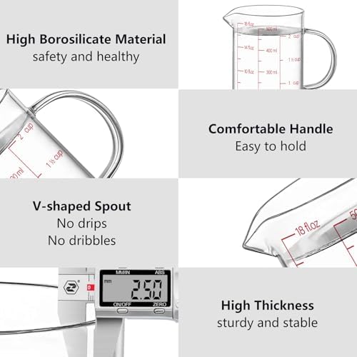 Luvan 18OZ/500ML Glass Measuring Cup, 2 Cup Glass Measuring Cups With 3 Scales (Ml/Oz/Cup), High Borosilicate Measuring Cup With Handle and V-Shaped Spout, Dishwasher/Freezer/Microwave Safe