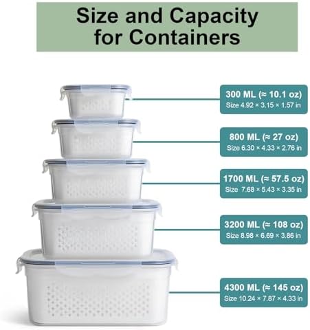 5 Pack Large Fruit Storage Containers for Fridge with Removable Colander