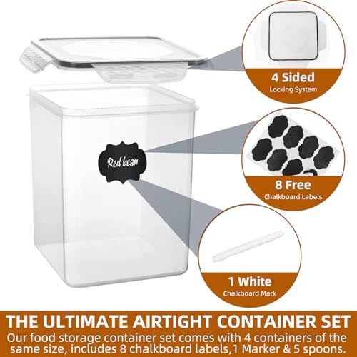 4pc 5.2L Large Airtight Plastic Canisters with Lids, Cups & Labels