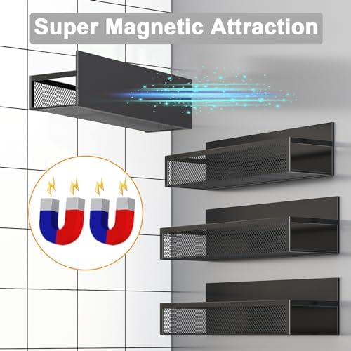 Aufworld Magnetic Spice Rack for Refrigerator, 4 Pack Magnetic Shelf, Fridge Magnet Organizer with Moveable 8 Hooks, Magnetic Fridge Shelf for Kitchen Organization and Storage (4 Pack)