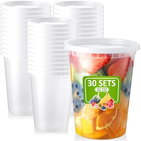 NEEBAKE 30 Set 32oz Deli-Containers-with-Lids, Airtight Food-Storage-Containers, Microwaveable & Freezer Safe Plastic-Storage-Containers-with-Lids, Soup Slime Overnight Oat To-Go-Containers