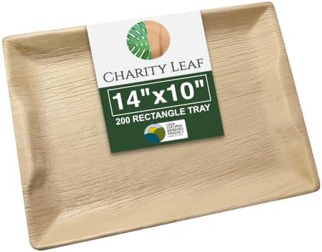 Charity Leaf Disposable Bamboo 14" x 10" Trays (200 Pieces) Bamboo Serving Platters, Disposable Boards, Eco-Friendly Dinnerware For Weddings, Catering, Events
