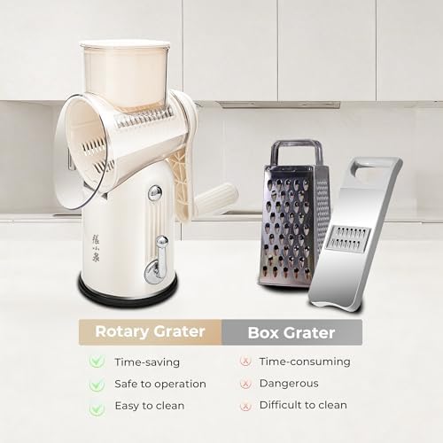 5 in 1 Rotary Cheese Grater, Beige Hand Crank Vegetable Cutter with 5 Stainless Steel Interchangeable Blades, Mandoline Slicer for Potatoes Onions Veggies Nuts